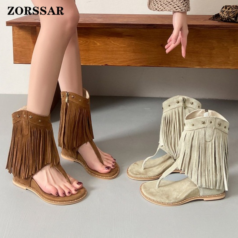 Women Shoes Boots - Damen-Sandalen mit Fransen und Nieten, Keilabsatz