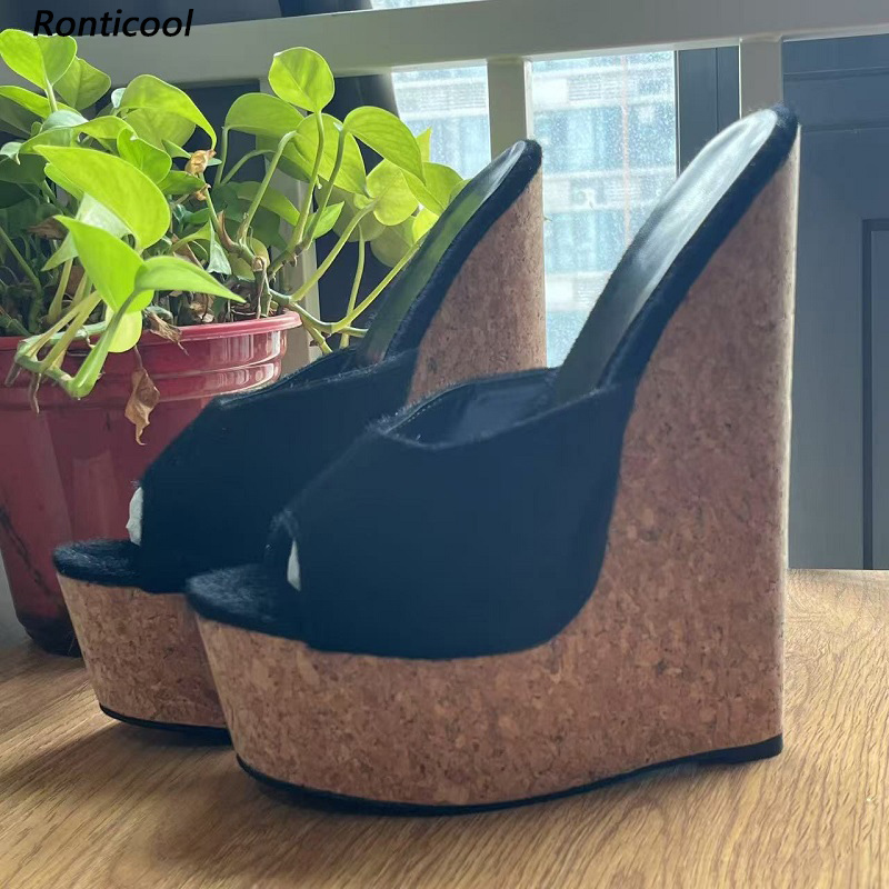 Cork Wedge Sandal - Ronticool handgefertigte schwarze Pony-Haar-Mule-Keile für Damen