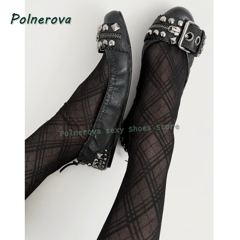 Women'S Shoes - Nieten-Gürtelschnallen Mary Jane Schuhe Spitze Flache