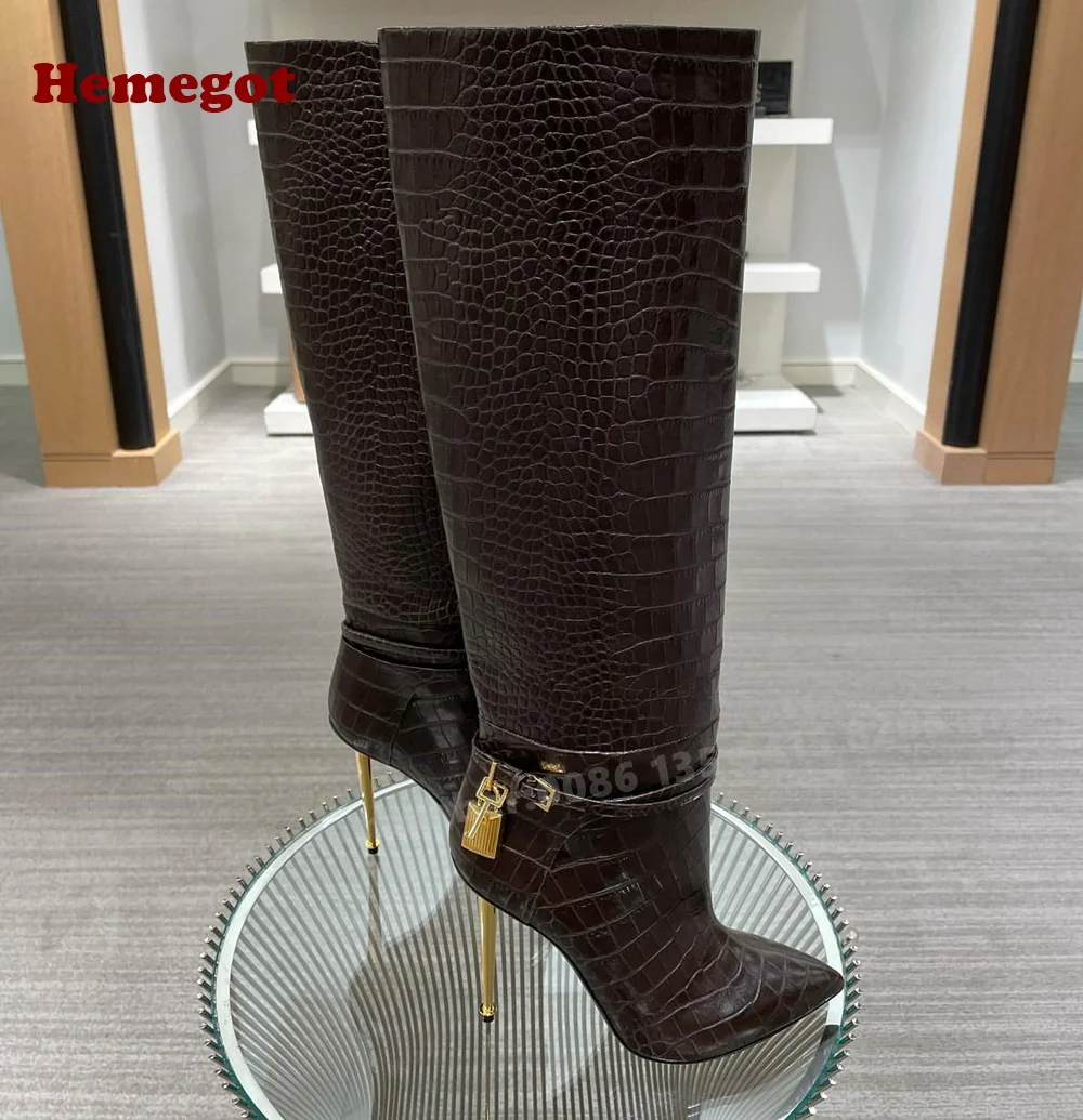 Women'S Shoes Crocs - Kniehohe Stiefel mit Krokodilmuster und Metallabsatz,