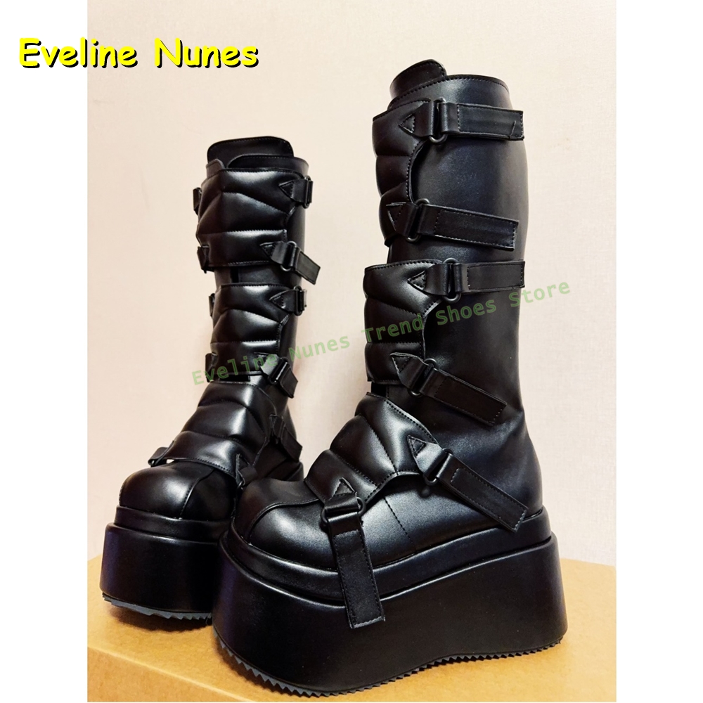 Women'S Shoes Big Feet - Schwarze Schnalle Cyberpunk Y2K Kniehohe Stiefel