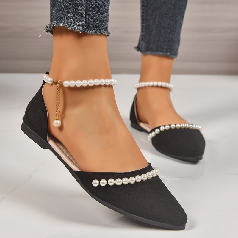 Ankle Strap Heels - Spitz zulaufende Ballerinas mit Perlenverzierung, Wildleder,